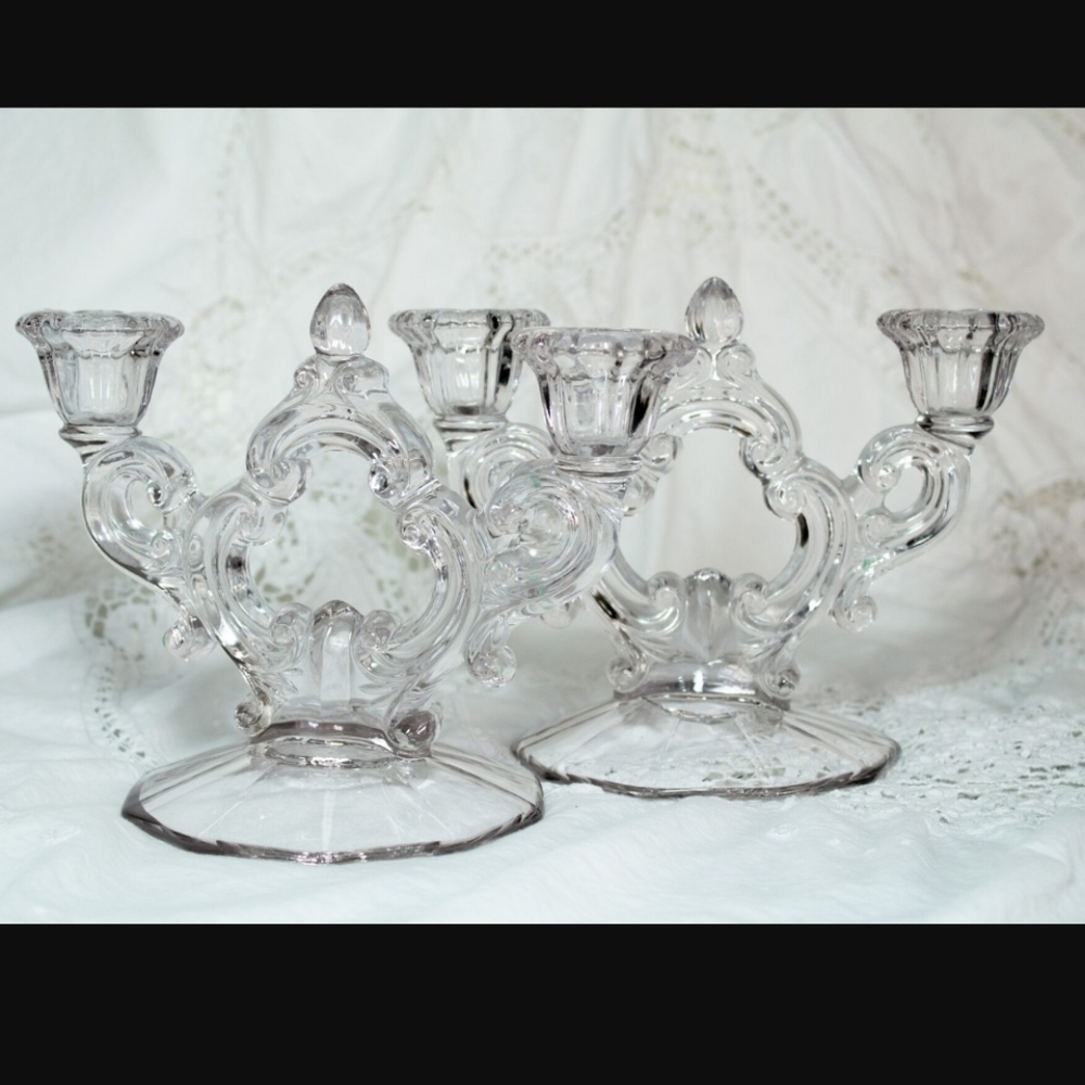 Cambridge Glass Line Keyhole pattern Candlestick Set